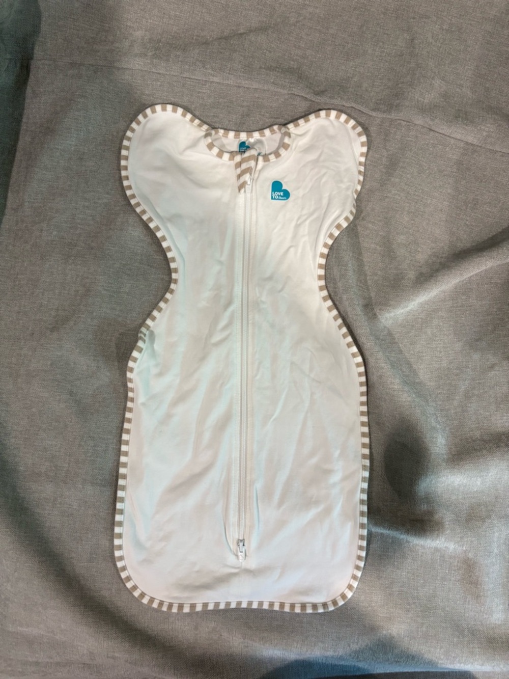 Love to dream organic White Swaddle Sleeping Sack with Gray Stripe Trim